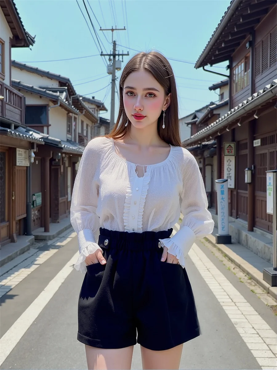 Preto de lã perna larga shorts das mulheres cintura alta carga americano grande bolso solto moda calças streetwear na moda denim verão