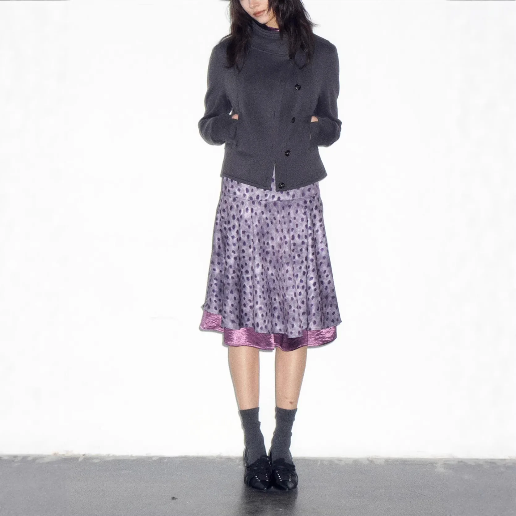 2026 New Double-layer Satin Stitching Retro Fuzzy Polka Dot Purple Skirt