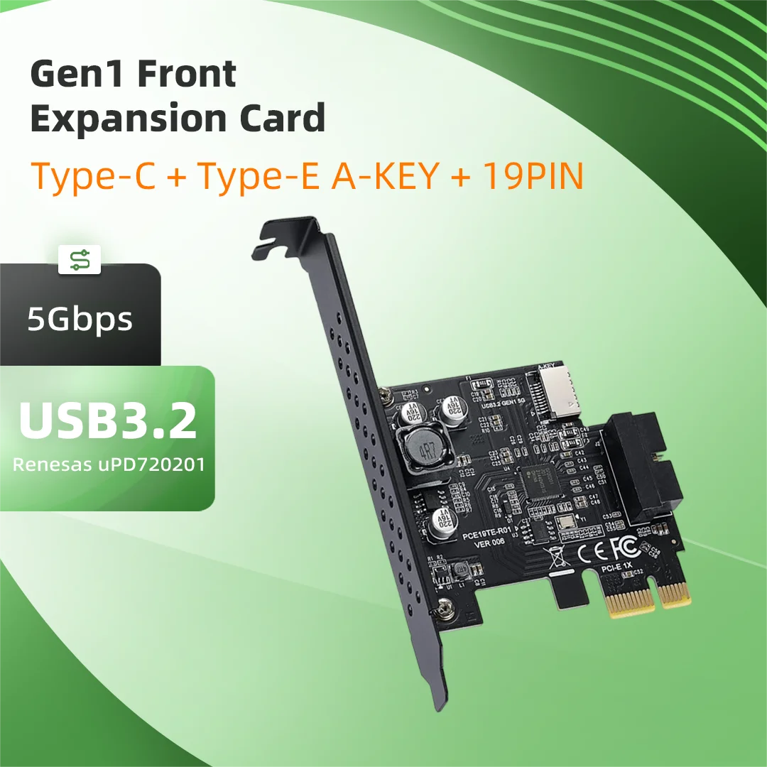 M.2 A-Key PCIe to USB3.2 Gen1 Expansion Card 5Gbps Type-E + 19Pin Front Panel Header Adapter Motherboard Internal Converter