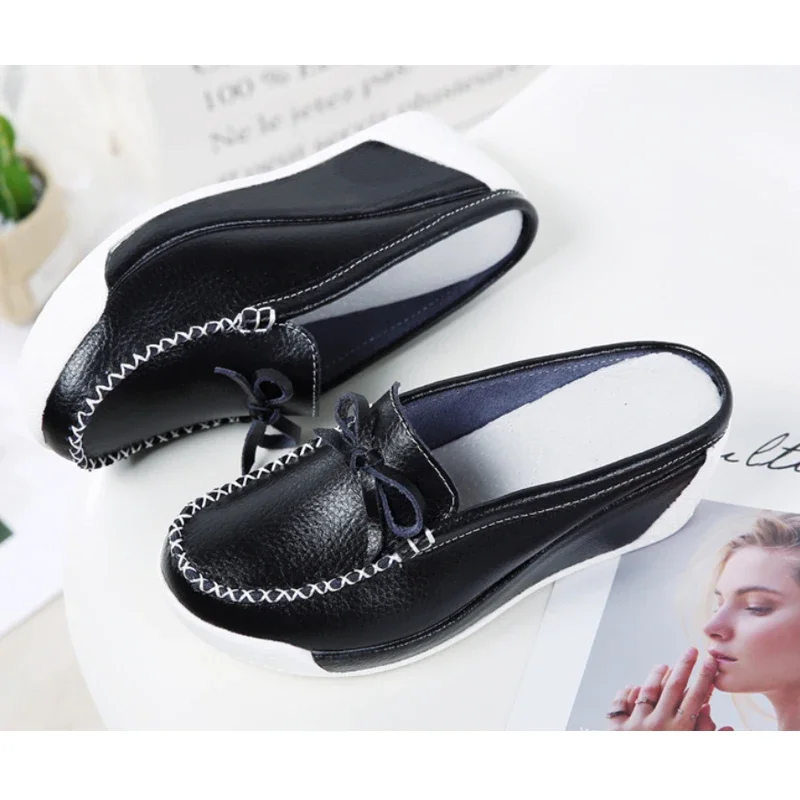 CEYANEAONew Women Platform Slipper Pattern Flats Breathable Leather Casual Shoes Slip-on Comfortable Butterfly-knot Nurses Shoes