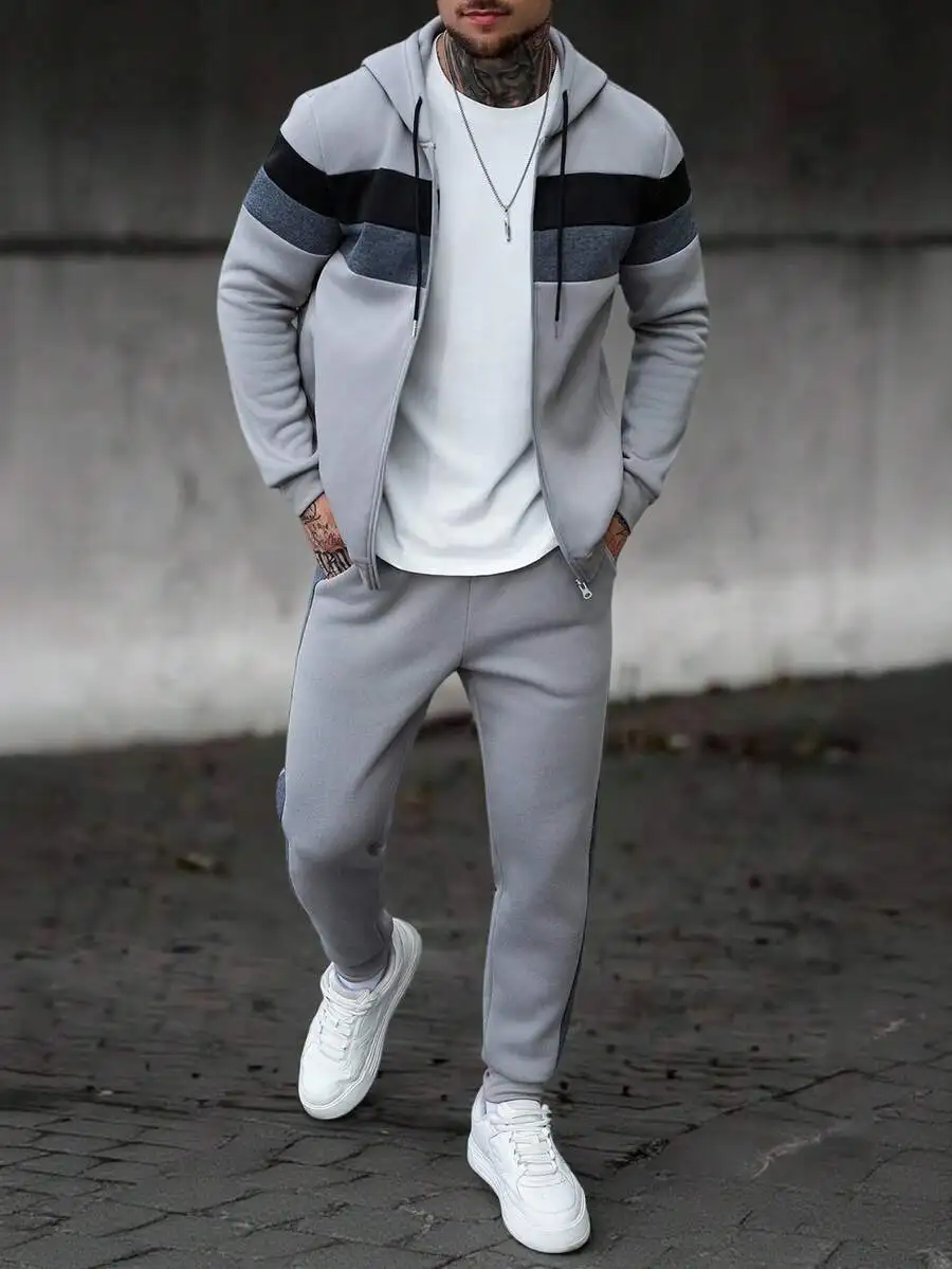 

Mens Light Gray Color Block Hooded Sweatshirt And Drawstring Waist Sweatpants Two Piece Set