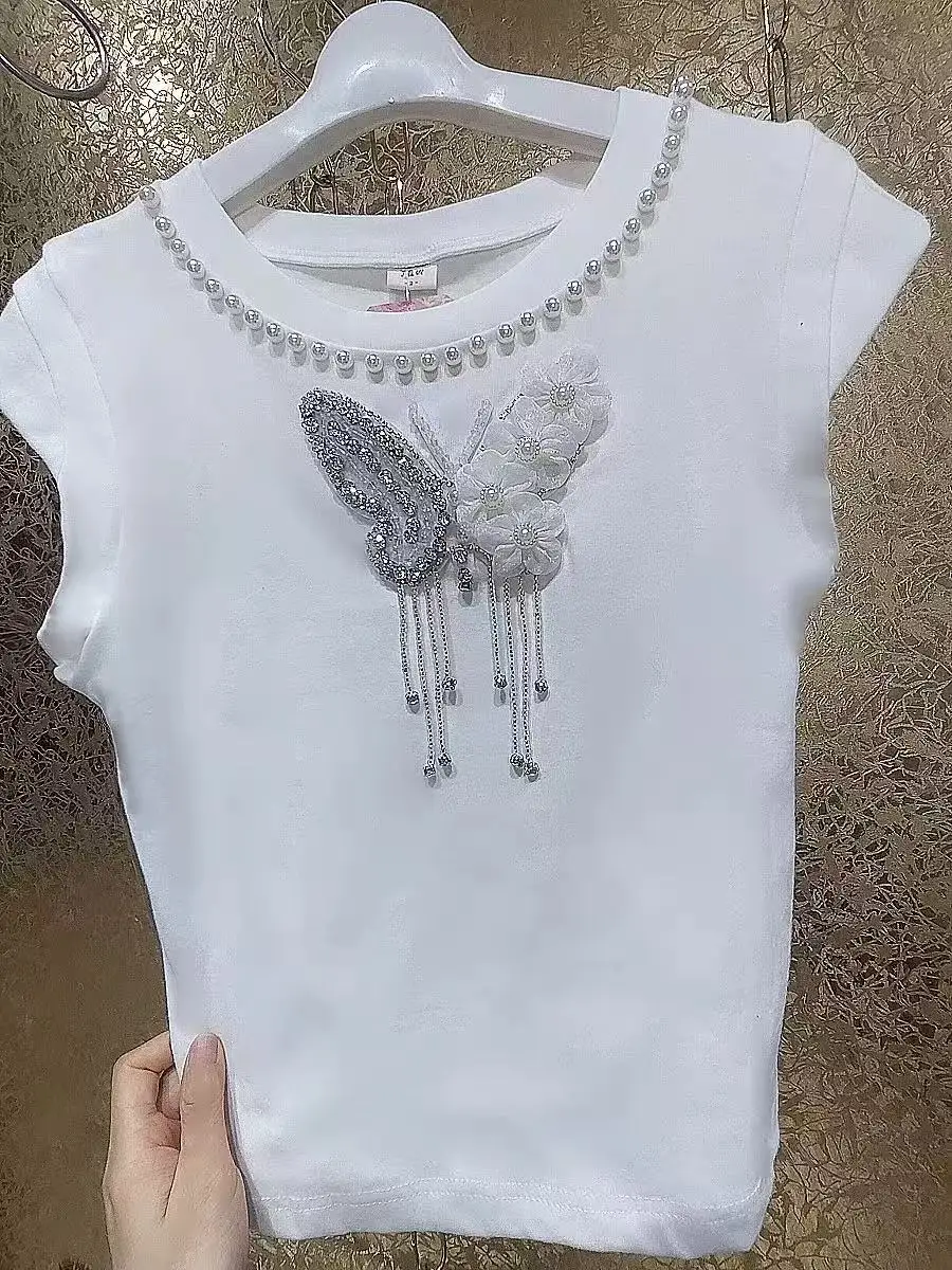 Luxury Design Beaded Tassel 3D Flowers Stitch Short Sleeve Cotton Tshirt For Women Summer 2025 Slim Fit T-shirt White Tops Tees