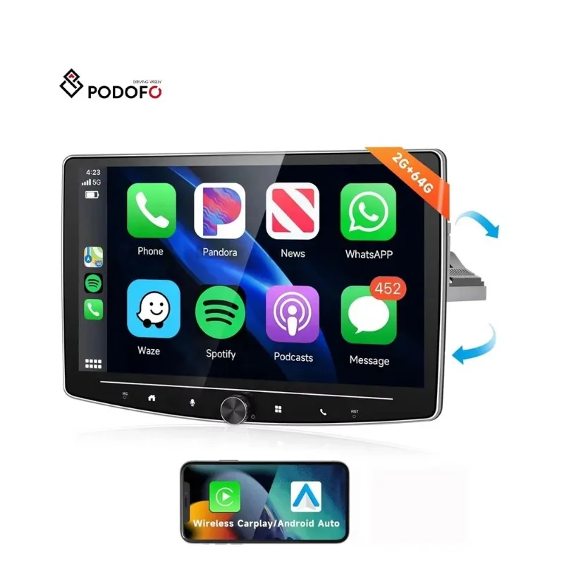 Podofo 10.1'' Rotating 1 Din Android Car Radio Stereo Wireless Carplay Android Auto GPS Wifi RDS HiFi Auto Electronics 1+32/2+64