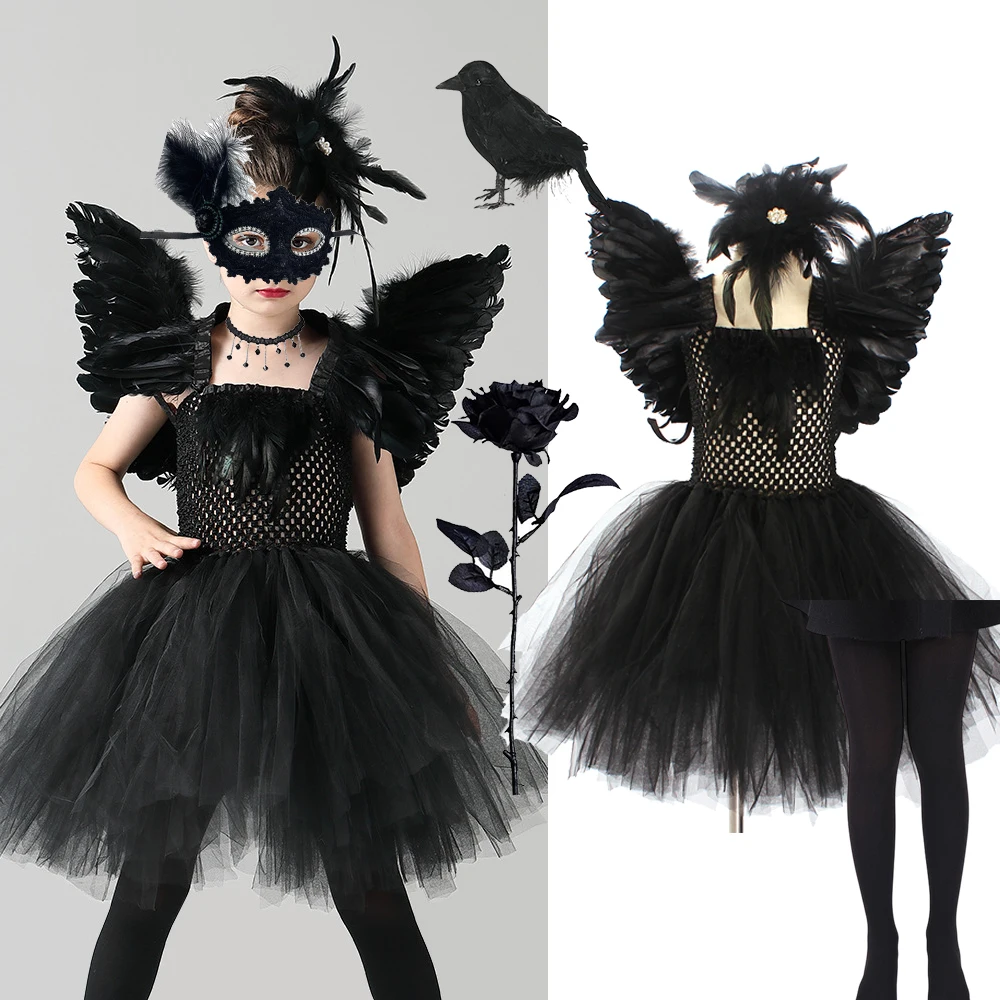 

Halloween Black Swan Dress Girls Dance Performance Tutu Skirt Little Devil Cosplay Costume With Wing Halloween Carnival Dresses