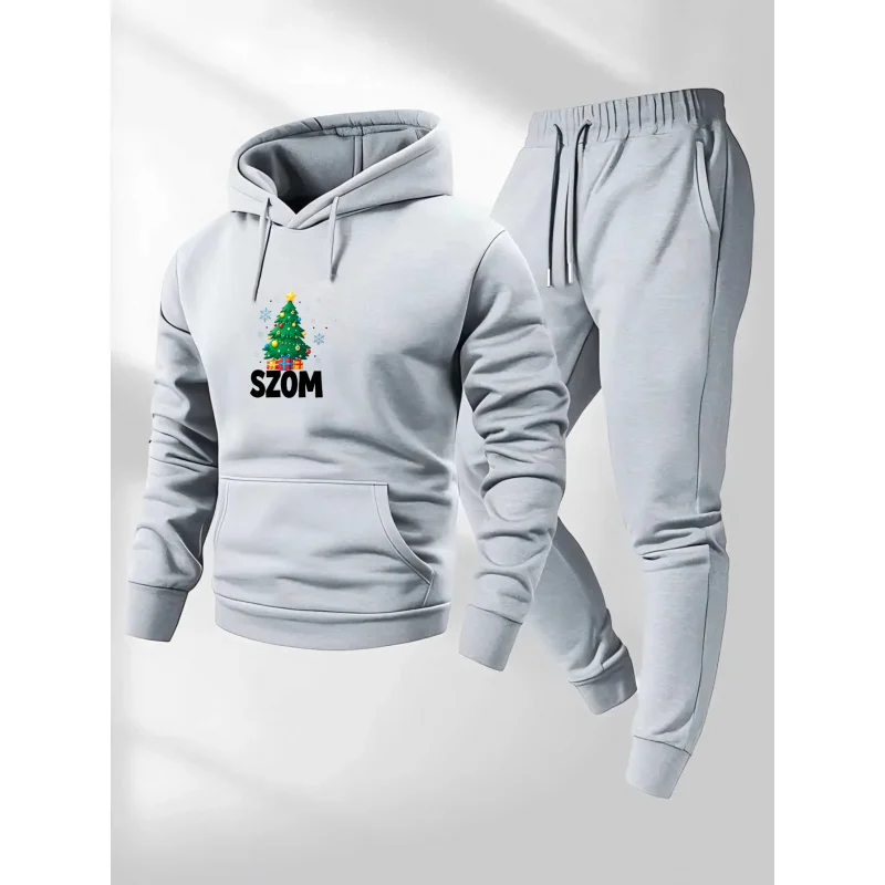 Light Gray Hoodie Set Christmas Tree Printed Pattern SZOM Text