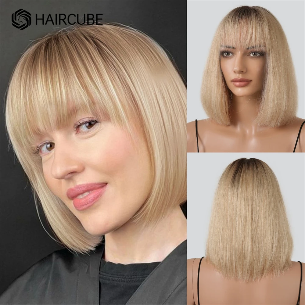 Pelucas de cabello humano Remy de corte Romo para mujer, pelo corto y liso con flequillo, color rubio sucio