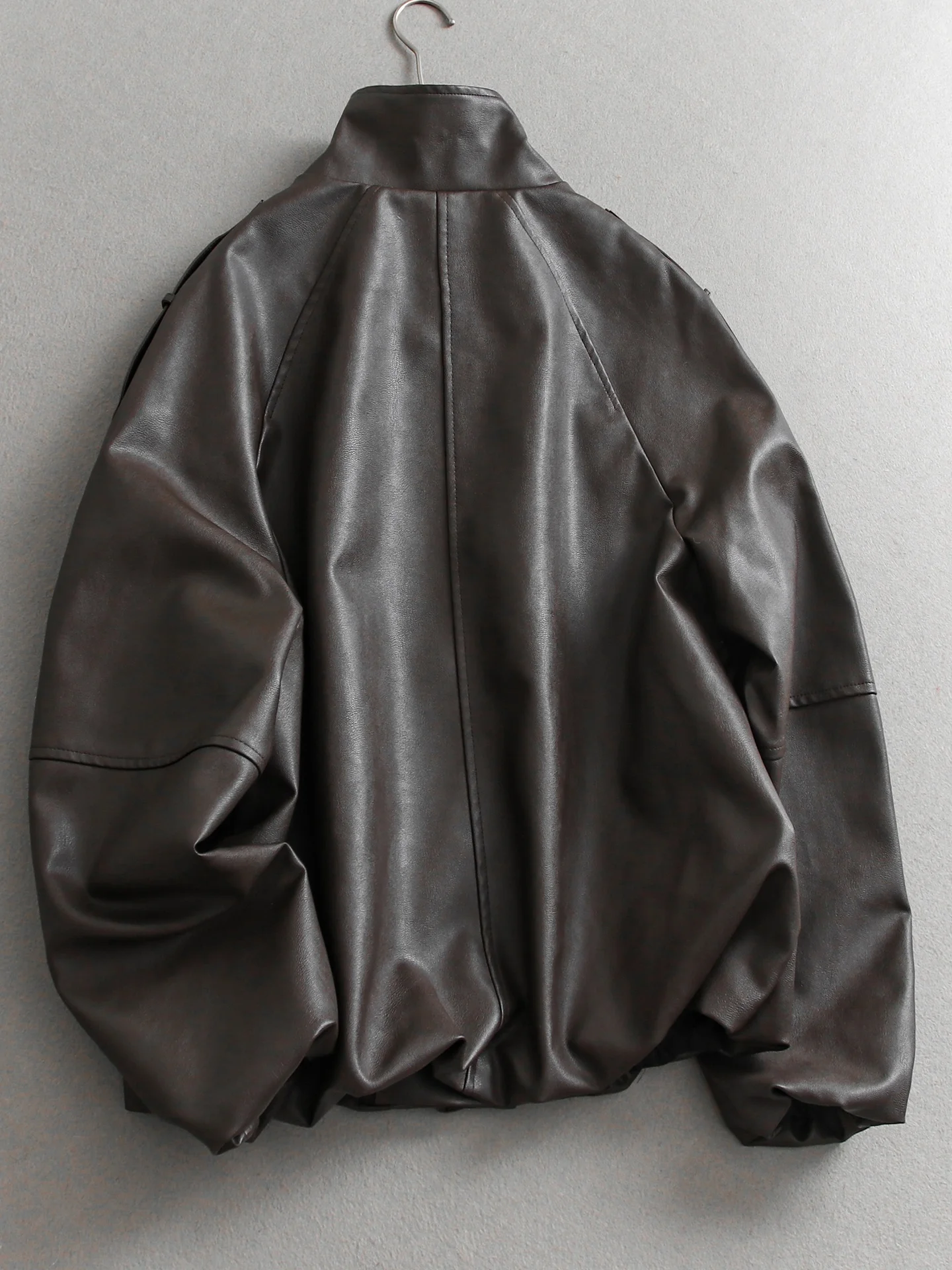 Loose Fit Long Sleeve PU Leather Biker Jacket Pure Color Stand Collar Spring 2026 Women's Leather Coat Cool Retro Style