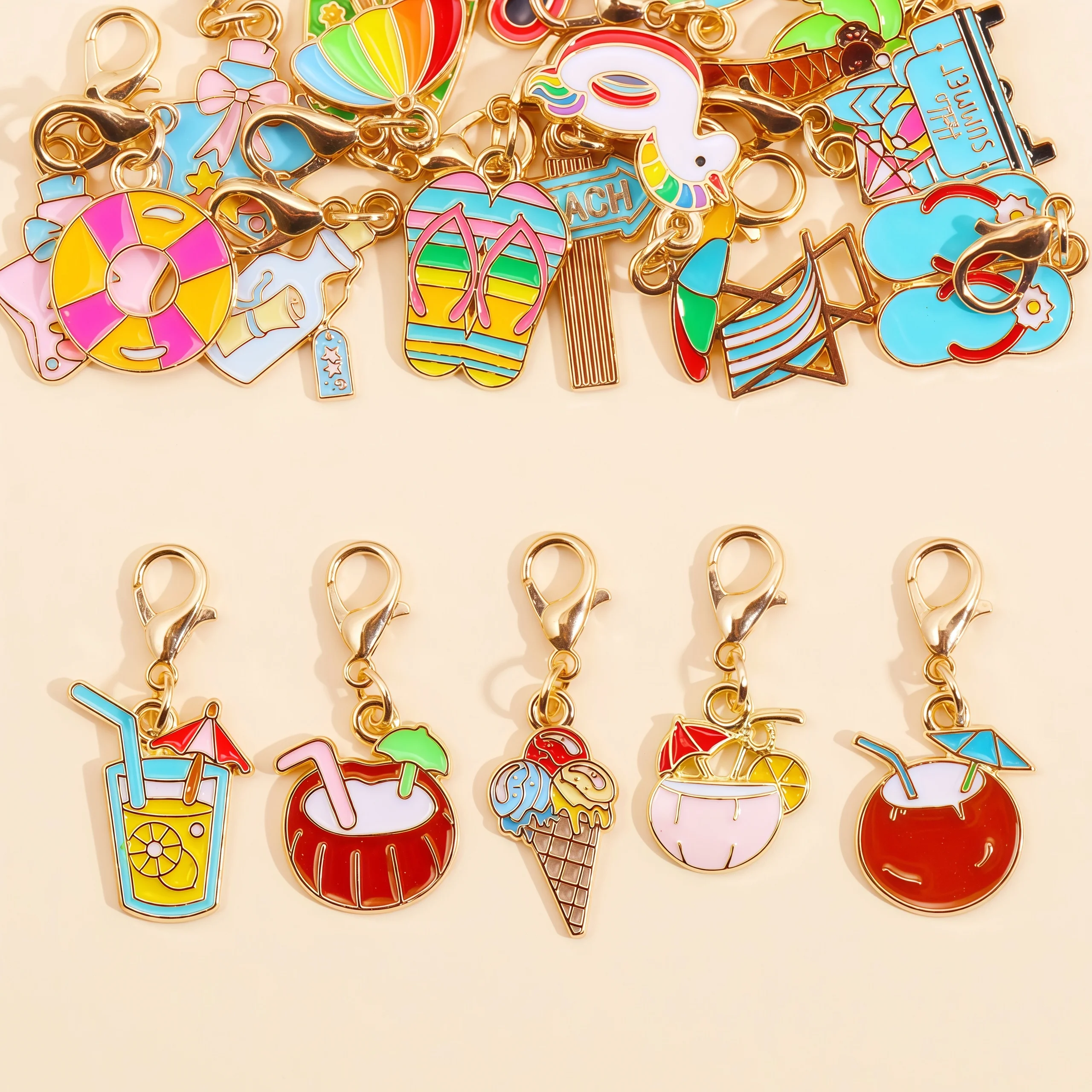 10Pcs Cute Mix Enamel Summer Beach Series Swim Ring Drink Charms With Lobster Buckle Kit For Jewelry DIY Making Crafts Decor