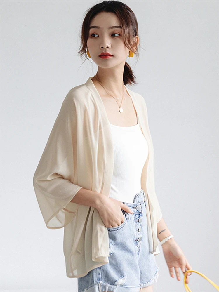Ice Silk Women's Summer Thin Strap Outerwear Sun Protection Shirt Shawl Cardigan Chiffon Top Short Jacket Spring Autumn