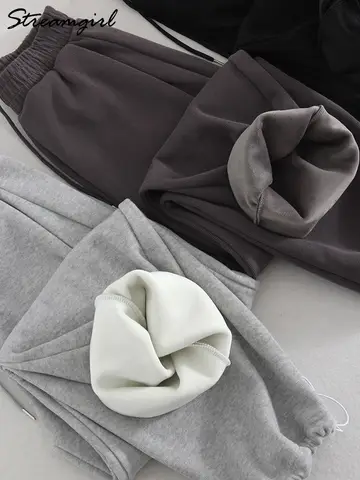 Streamgirl Loose Velvet Winter Pants Women Warm Trousers With Fleece Pants Joggers Gray Thick Sweatpants Women Winter Trousers