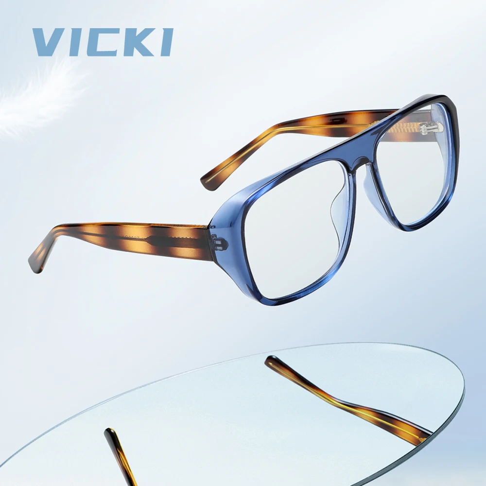 VICKI Aviator-Style Retro Color Block Blue Frames Unisex Customizable Prescription, Multifocal Glasses, Photochromic KG2537