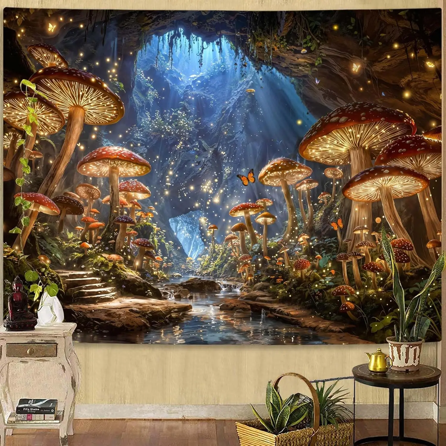 Enchanted Forest Tapestry, Glowing Mushroom Cave with Stream and Magical Light Wall Art for Whimsical and Aesthetic Room Decor