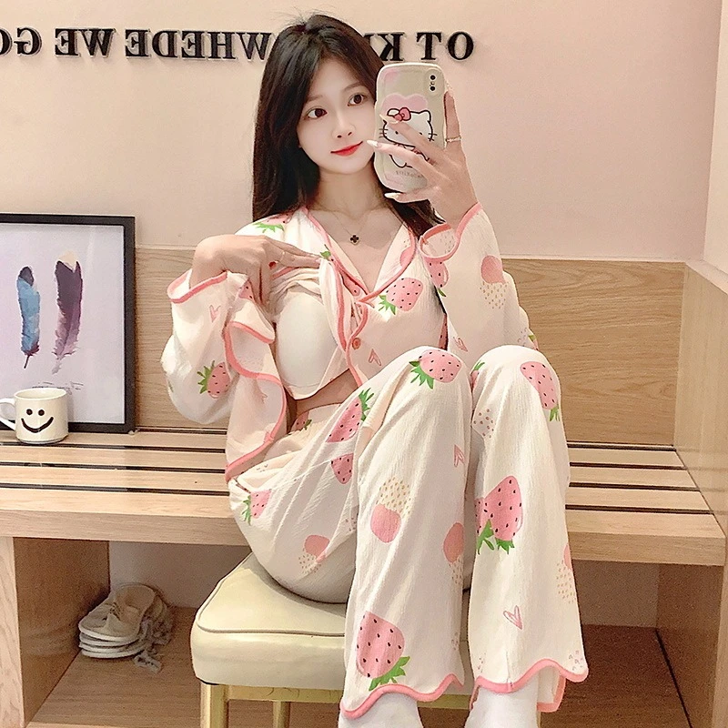 

Cotton Pajamas with Chest Pads Women's Sleepwear Set 2PCS Autumn Long Sleeve Cardigan Plus Size Women's Homewear Set 2025 New