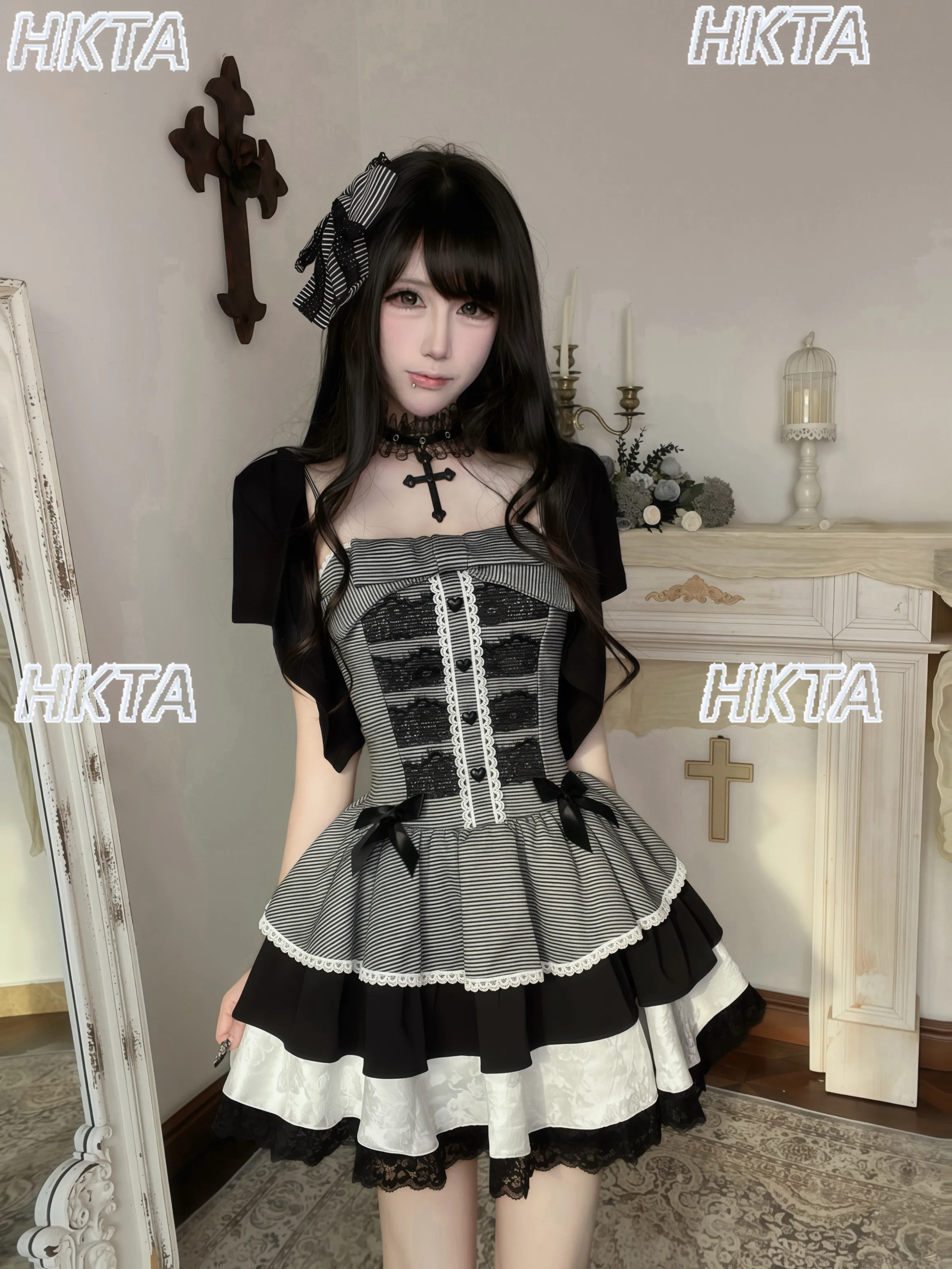 Japanese Lolita Love Lace Bow Waist Cake Suspender Dress Thin Short Cardigan Top Color Matching Dress Two Pieces Sets Women