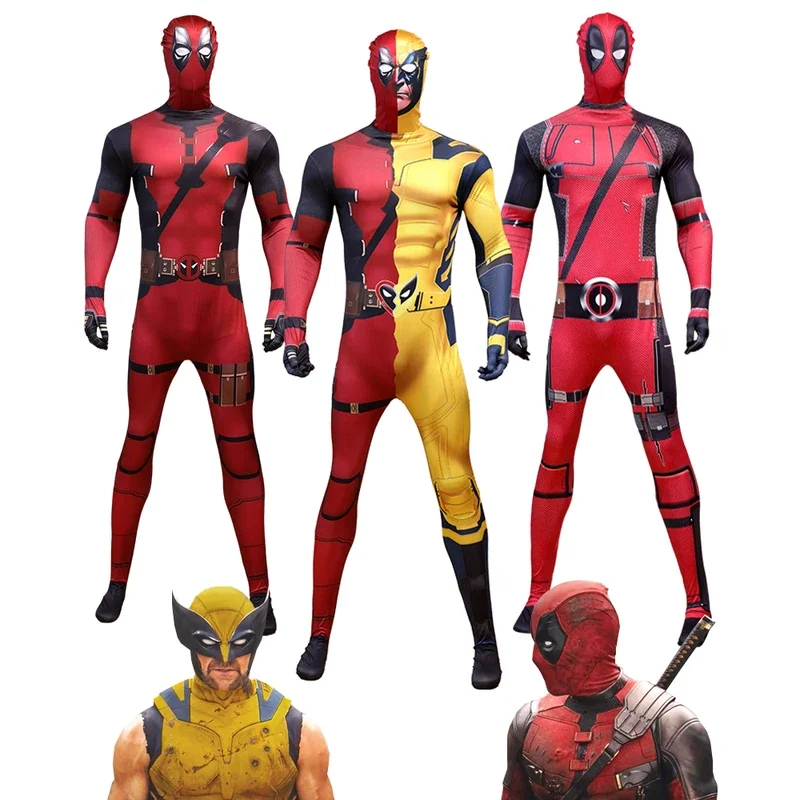 NEW Deadpool Wolverine Costumes with Swords Children Adults MARVEL Superhero Cosplay Bodysuits Jumpsuits Wade Wilson Logan