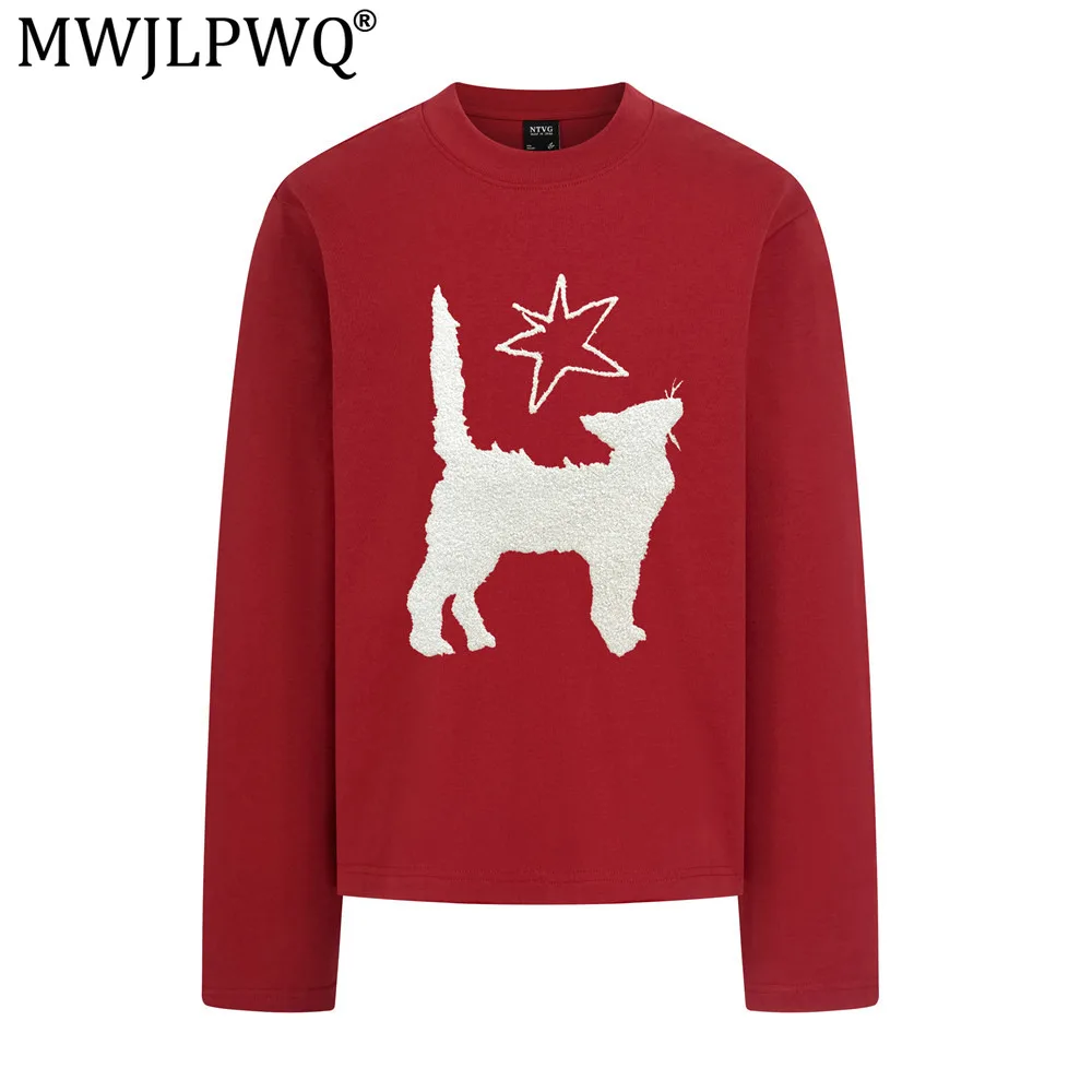 MWJLPWQ Spring Autumn Men's Long Sleeve T-Shirt Flocking Embroidery Design Trendy Heavyweight Round Collar Loose Tops 21120