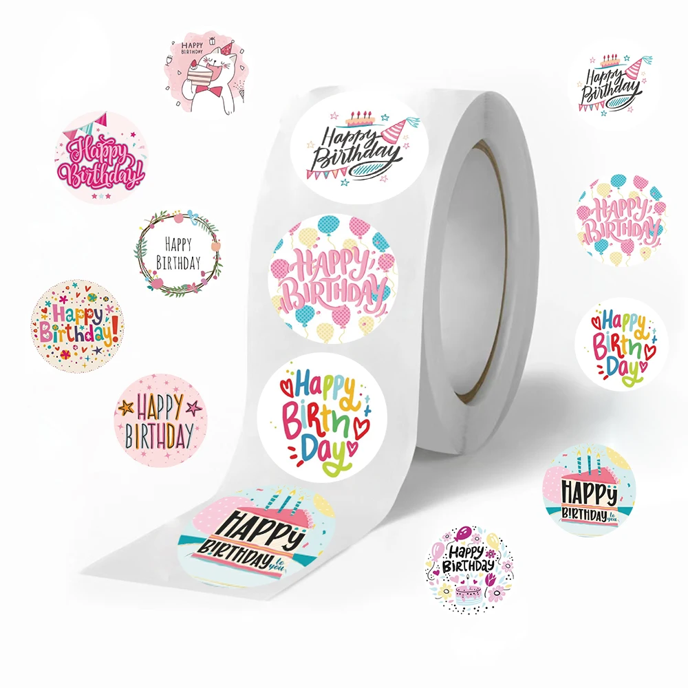 500pcs Round Labels Happy Birthday Sticker Candy Bag Flower Cake Boxes Gift Packaging Wedding Grateful Decorative Seal Stickers