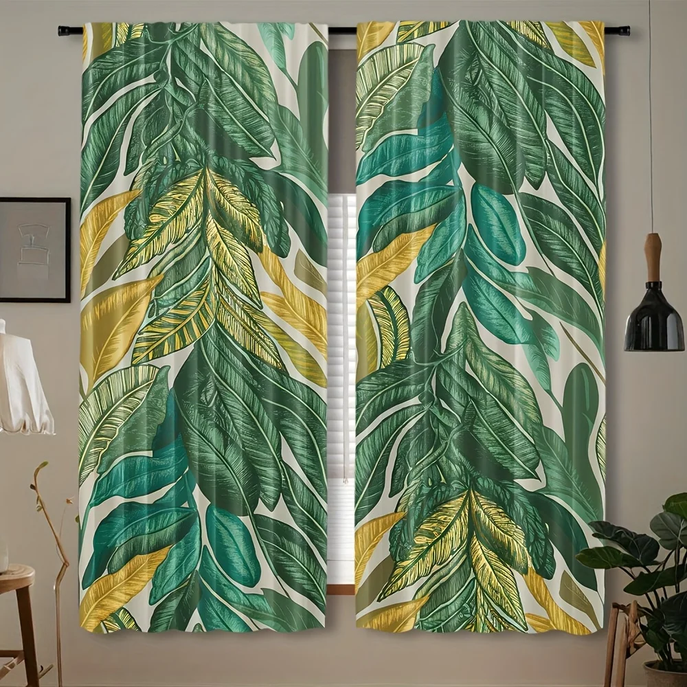 2pcs Palm Leaf Print Semi-Sheer Curtains - Rod Pocket Window Treatments for Bedroom, Living Room, Office, Kitchen, Study - Conte
