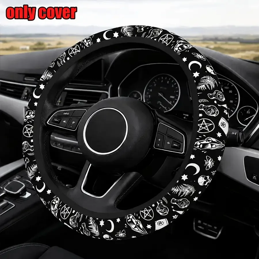 [Anti-Slip Car Protector] 15 Inch Universal Skull And Moon Steering Wheel Cover 1pc All-Season Anti-Slip Durable Car Protector,