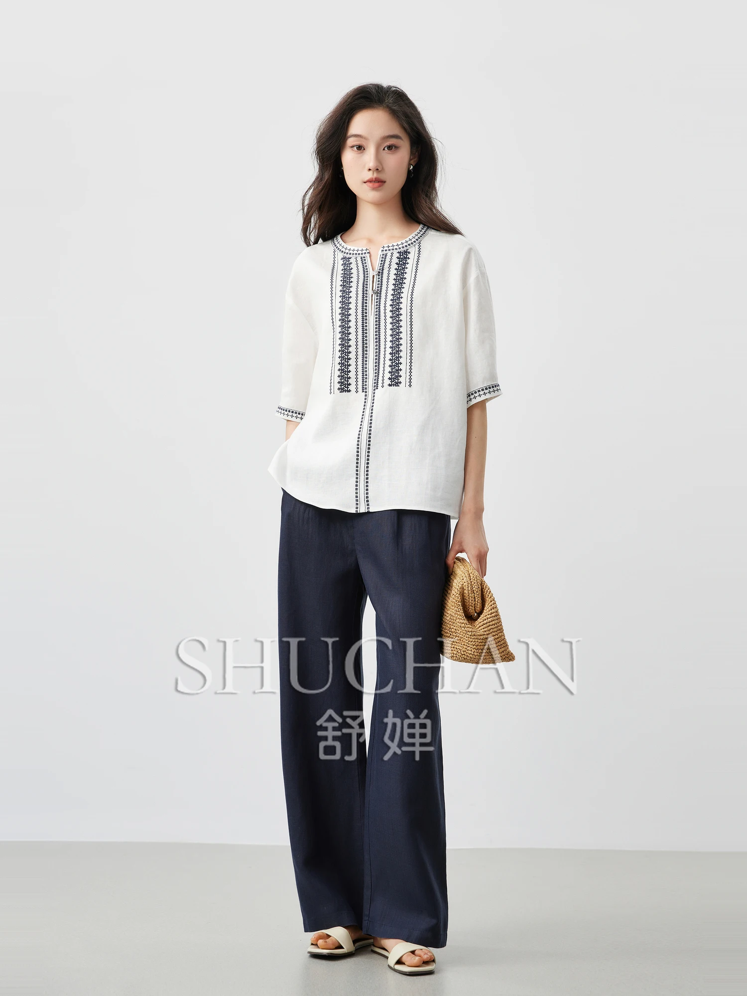 South French Style Shirt, Holiday Leisure, Linen Contrasting Color Heavy Industry 10,000-needle Embroidered Blouse Women