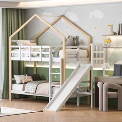 Cama infantil, 90*200 cm, litera, cama alta con tobogán y diseño de casa, litera de madera maciza con somier, blanco