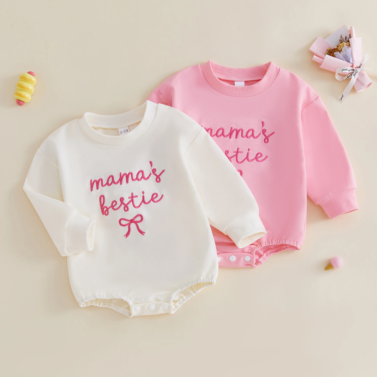 Cute Baby Girls Sweatshirt Romper Letter Bow Embroidery Round Neck Long Sleeve Jumpsuits Newborn Infant Bodysuits Clothes