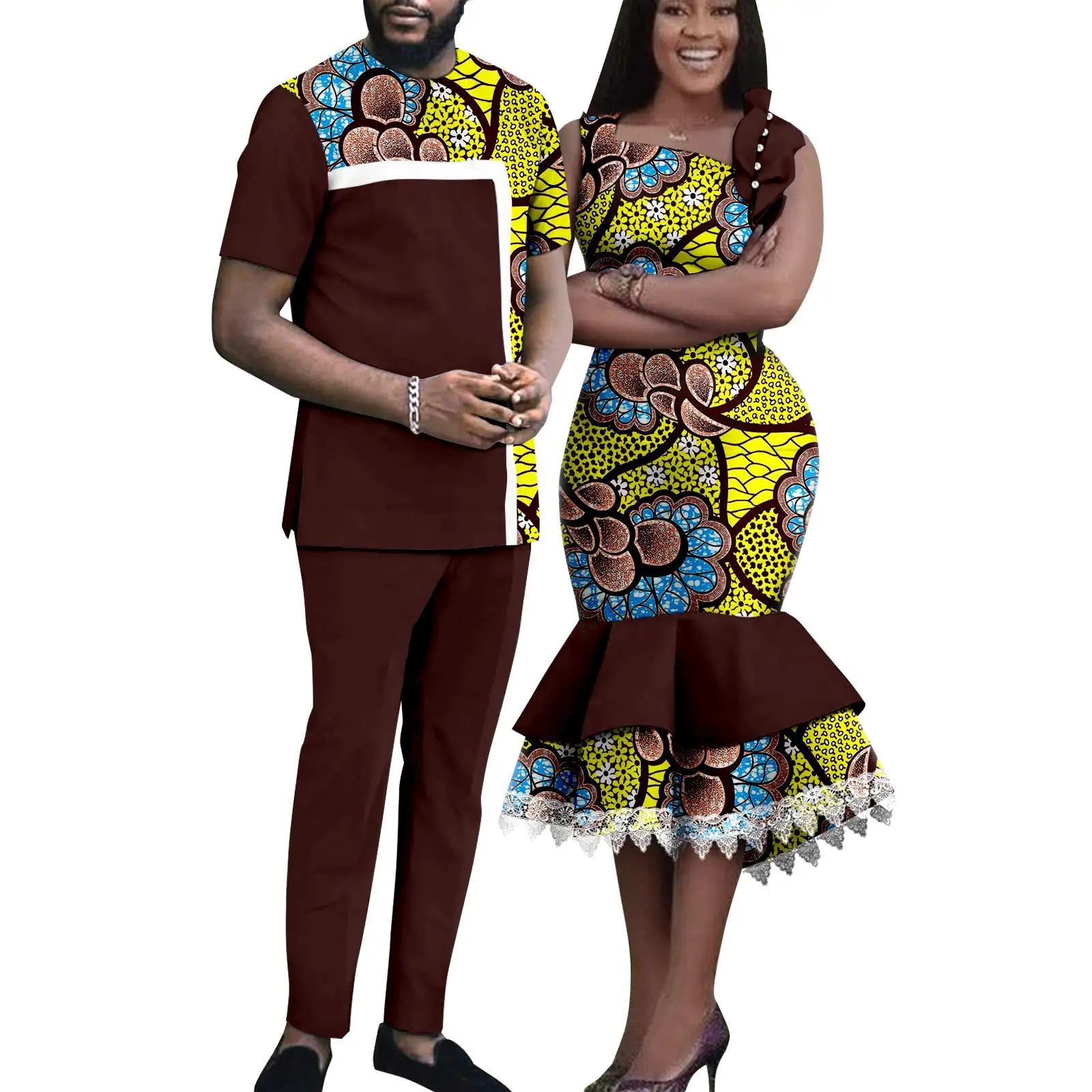 African Matching Outfit for Couples Dashiki Summer Women Ruffles Dresses Bazin Riche Men Patchwork Top and Pant Sets Y23C055