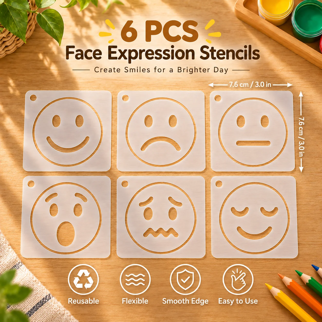 6PCS Face Expression Stencils 3 Inch Smiley Face Painting Templates Happy Sad Neutral Surprised Worried Faces for DIY Crafts