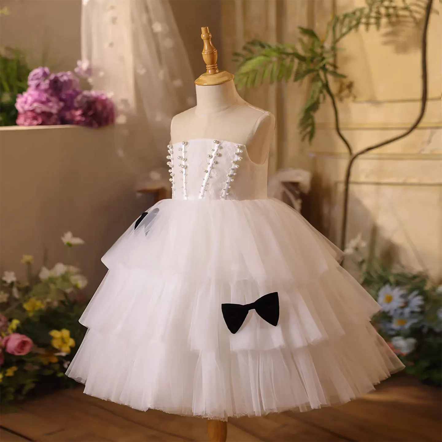Dreamy Vow D106 vestido blanco para niña, estilo de lazo de perlas para niños pequeños, fiesta de cumpleaños, vacaciones, comunión, vestido de baile corto de princesa