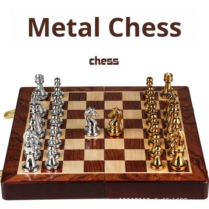 High-end chess gift set retro European wooden folding chessboard zinc alloy chess pieces chess color box packaging