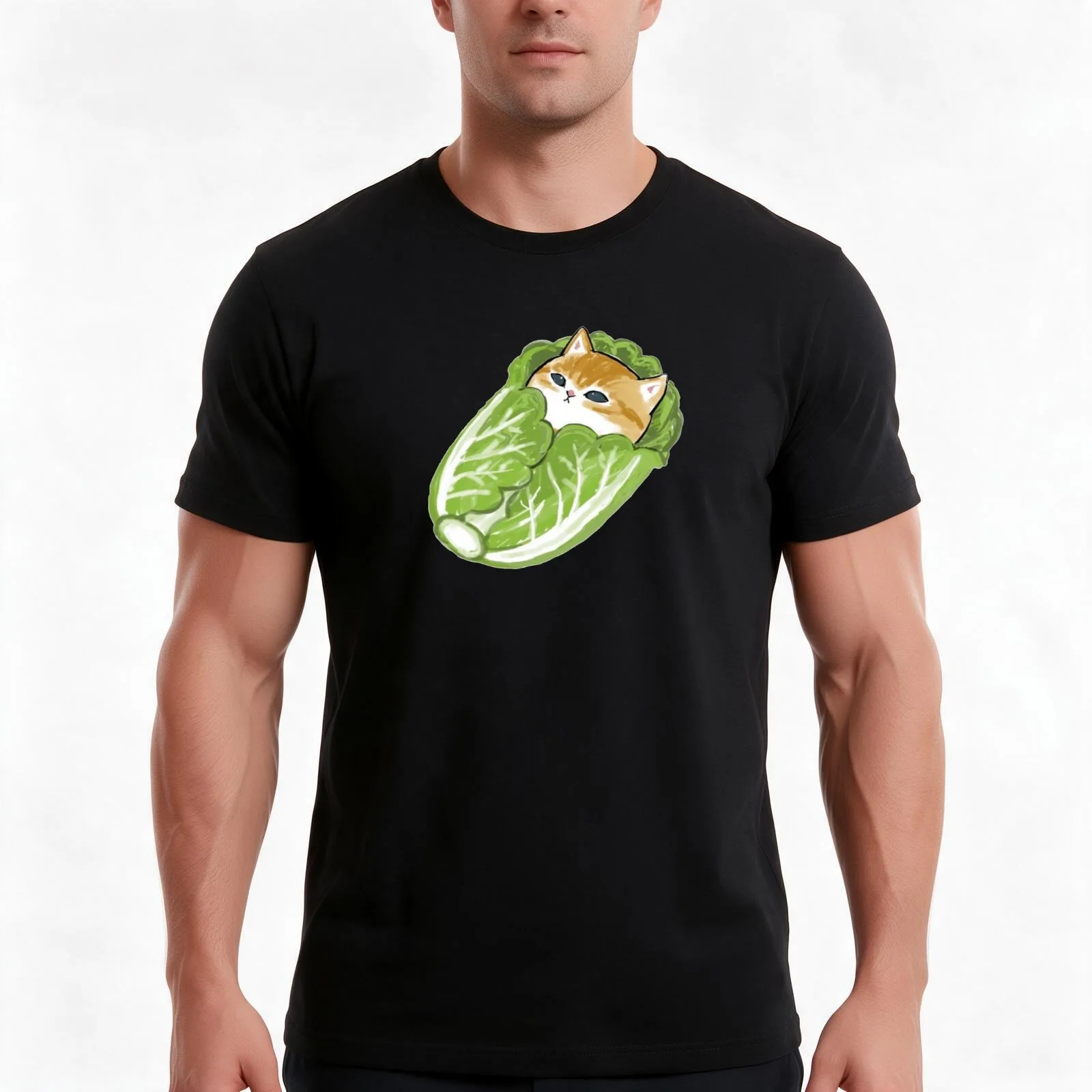 Mofusand Lying Down Lettuce Cabbage T-Shirt, Summer Casual Cotton Tee, Oversized Streetwear Tops, Vintage Graphic Print
