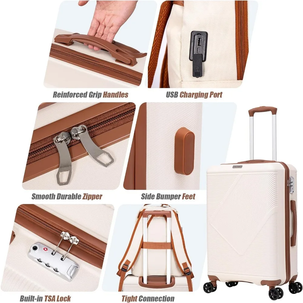 Lightweight ABS Hardshell 3-Piece Luggage Set - 20 Inch Spinner Carry-On Suitcases with TSA Lock for Travel