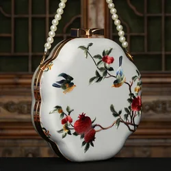 Cape-Bay Retro Versatile Women's Small Round Bag, Mini Bag, Chain Bag, Beaded Bag, New Style Middle-Aged Mom Bag, Ethnic Style Floral Embroidery Shoulder Bag, Crossbody Bag, Wedding Banquet Women's Bag to Match Cheongsam, Hard Shell Metal Clasp Floral Fabric Bag, Oriental National Style Fashion Suzhou Embroidery Women's Bag