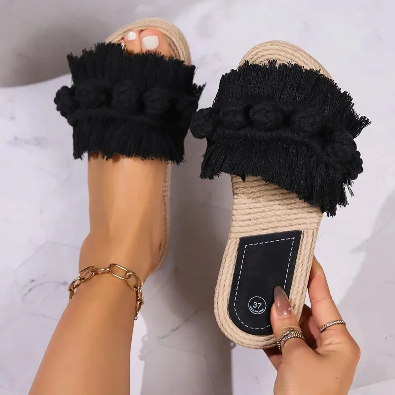 Women's Outdoor One Hemp Rope Bottom Large Flower Casual Outwear Flat Slippers