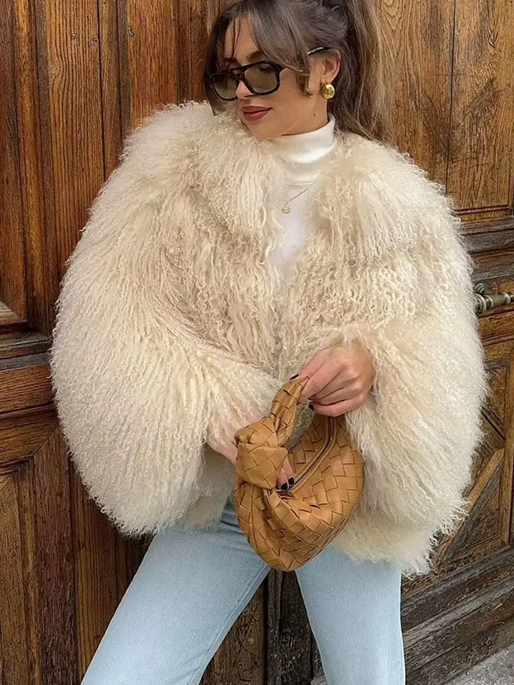 TRAFZA Zimowe Kobiece Modne Eleganckie Futrzane Płaszcze Casualowe Solidne Długie Rękawy Kołnierz 3-kolorowe Jesienne Ciepłe Szykowne Kurtki