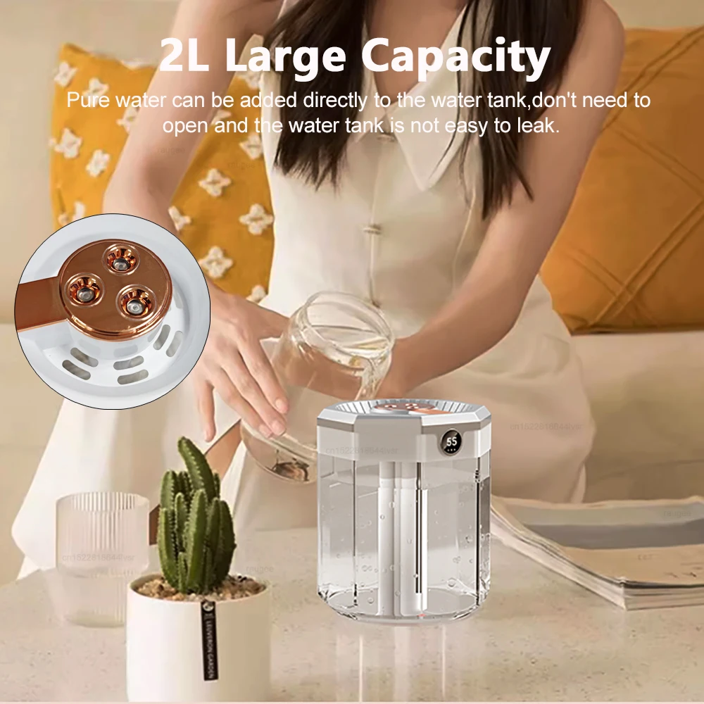 مرطب هواء بسعة كبيرة 2 لتر لغرفة النوم، موزع زيت أساسي USB، ثلاثة منافذ رذاذ للمنزل مع ضوء ليلي