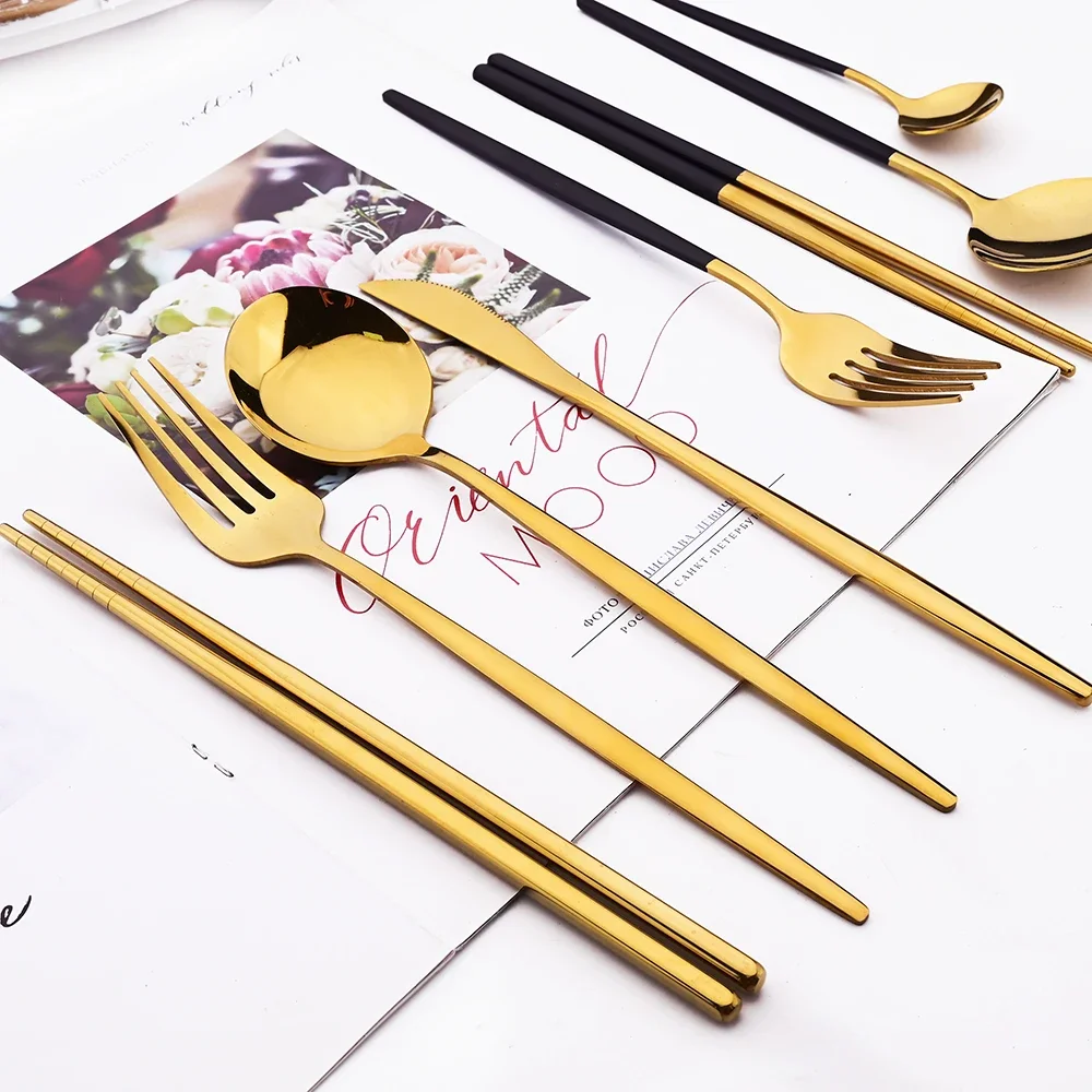 18Pcs Black Dinnerware Set Kitchen Stainless Steel Tableware Sets Dinner Spoons Chopsticks Flatware Western Home Cutlery Set