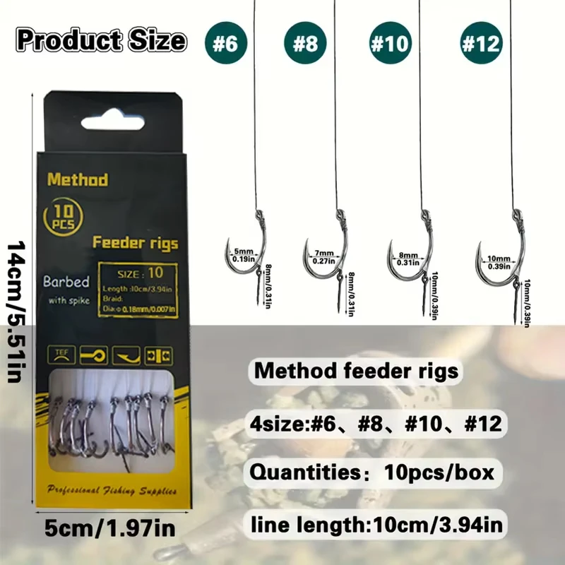 YOTO New Carp Fishing Method Feeder Rigs - Braided Line with Barbed Hooks (Size 6, 8, 10, 12) for Carp Fishing