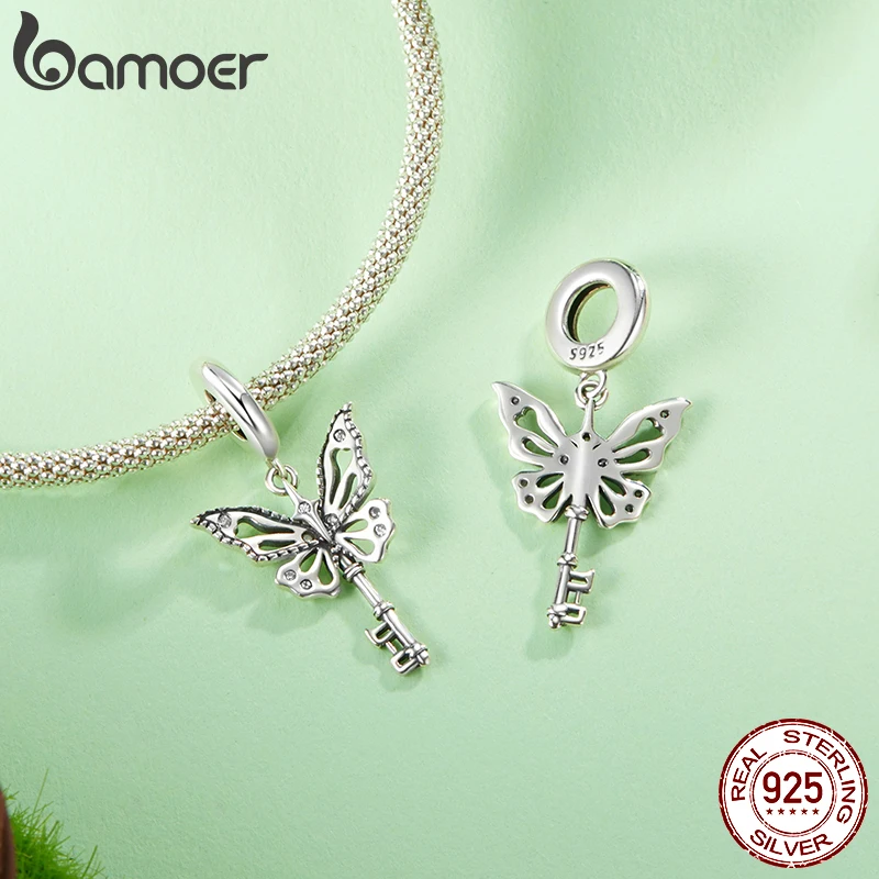 BAMOER Solid 925 Sterling Silver Butterfly Key Charm Pendant fit Original Bracelet DIY Jewelry Accessories bamoer Beads SCC3020