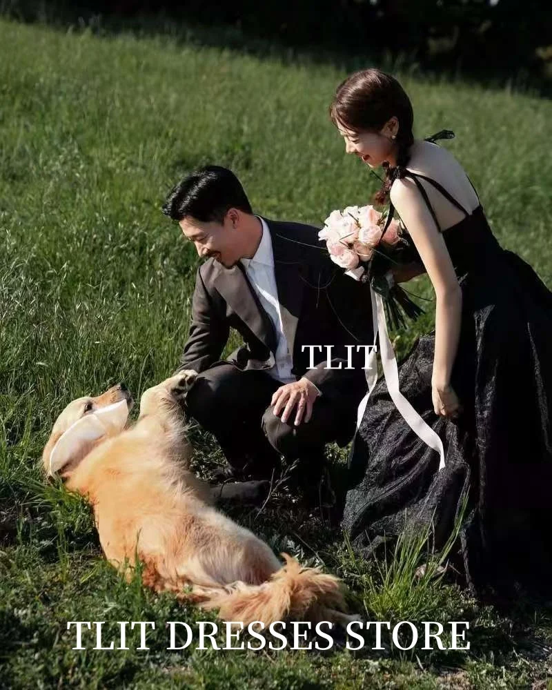 Prosta czarna tiulowa suknia wieczorowa, koreańska suknia ślubna, sesja zdjęciowa, sukienki na studniówkę na ramiączkach spaghetti, suknie na zamówienie do ziemi.