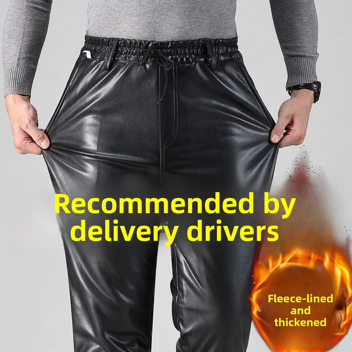 

Men's Fce Lined Thiened Elastic Waist Straight Leg High Waist Waterproof Warm Oil Resistant Leather Pants Autumn Winter