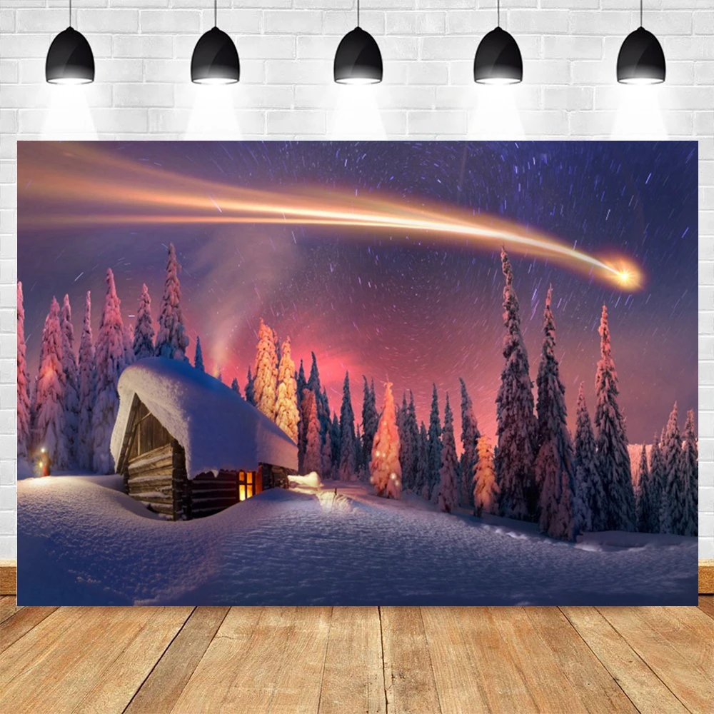 Winter Night Aurora Photography Backdrop Christmas Snowman Country House Natural Landscape Photographic Background Photo Studio