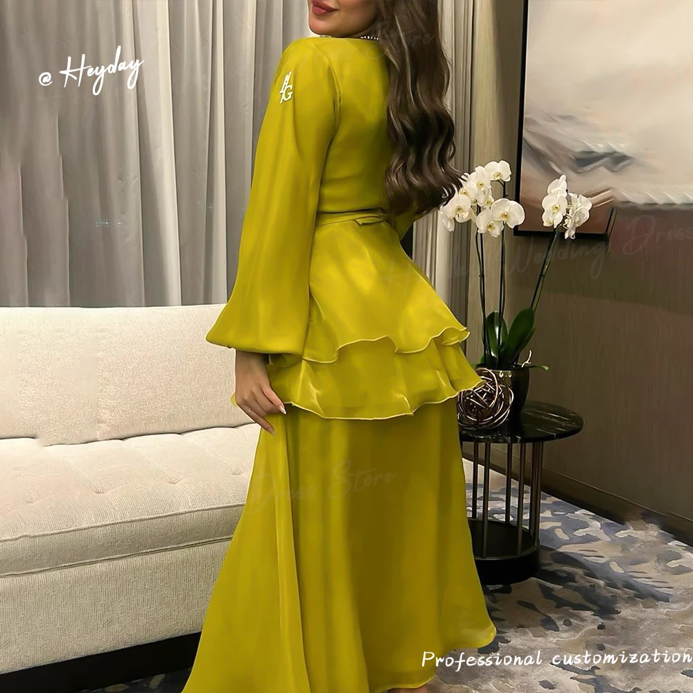 Heyday Satin Beads V-Neck Luxury Party Dresses Long Sleeves Pleat Ankle-Length elegant Saudi evening gala dress for women 2024