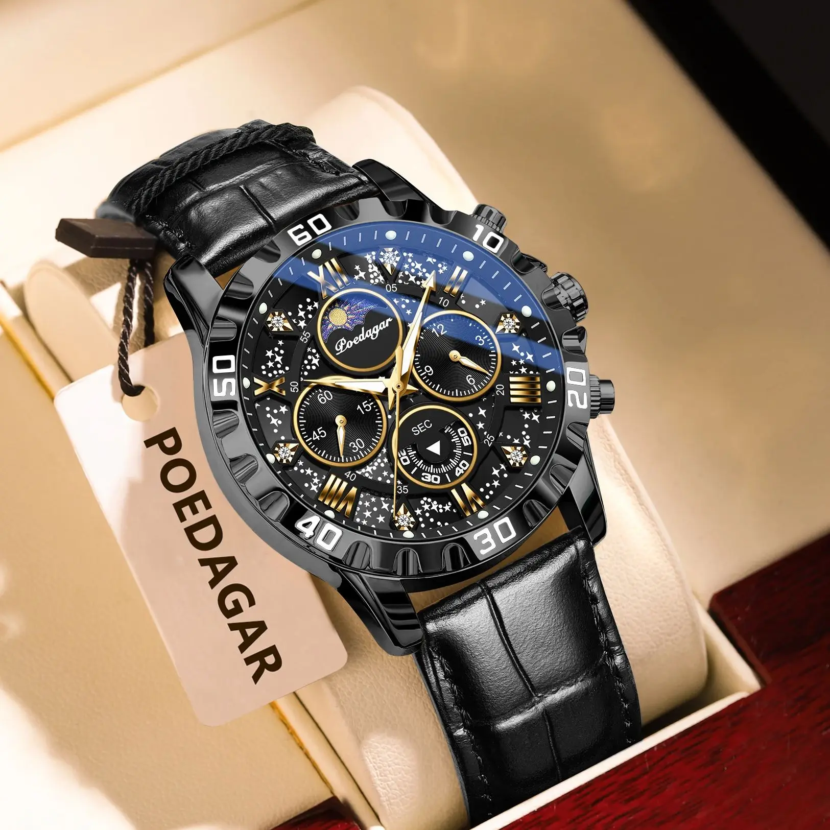 POEDAGAR Fashion Man Watch Waterproof Luminous Chronograph Leather Strap Luxury Watches For Men Business Quartz Men's Wristwatch