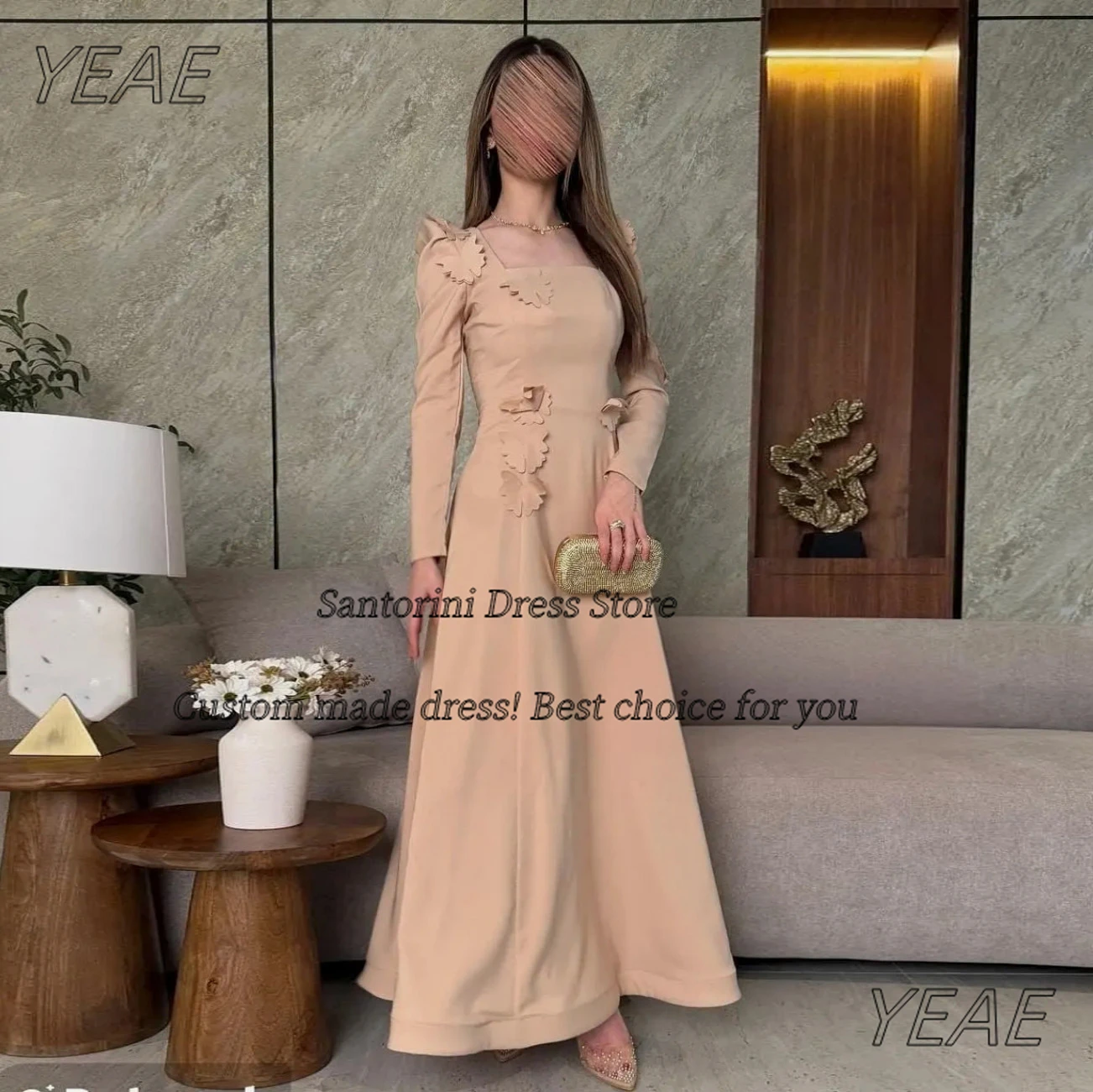 

Santorini Prom Dresses 2025 Square Neck 3D-Applique Vestido De Gala Noche Mujer Long Sleeves Evening Party Dress Customized
