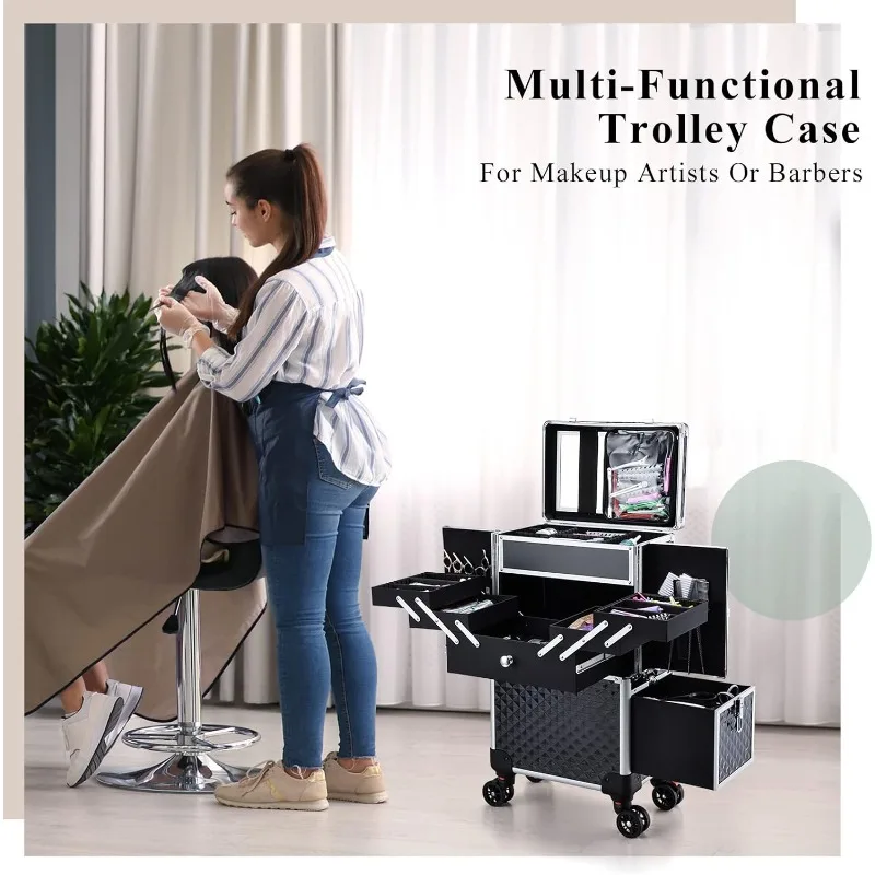 Professional Makeup Artist Rolling Train Case Multi-functional Cosmetic Train Case Large Trolley Storage Case for Nail