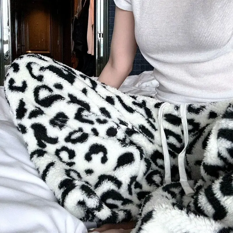 Deeptown White Leopard Women Fleece Pants Wide Leg High Waist American Retro Straight Pajama Trousers Baggy Casual Thick Winter
