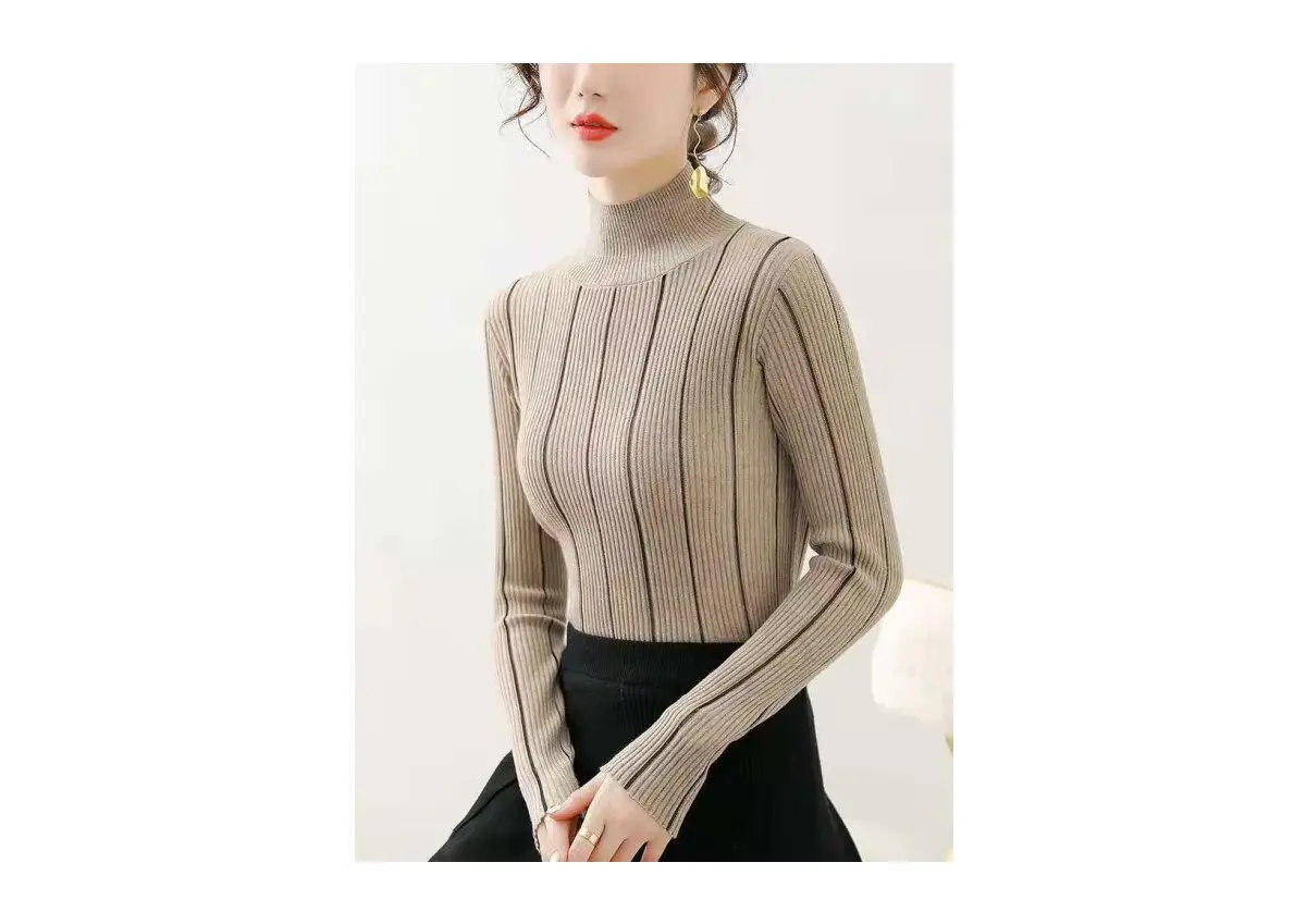 Light and shadow vintage turtleneck vertical stripe winter sweater female jumper knit warm jumper Mugill suede leather Kobieta S