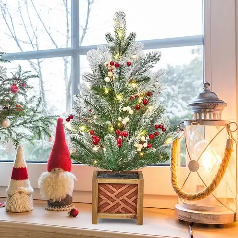 Garvee 24inch Pre-Lit LED Light Mini Artificial Christmas Trees Decorations Festival Tabletop Miniature Snow Frost Xmas Tree Decor