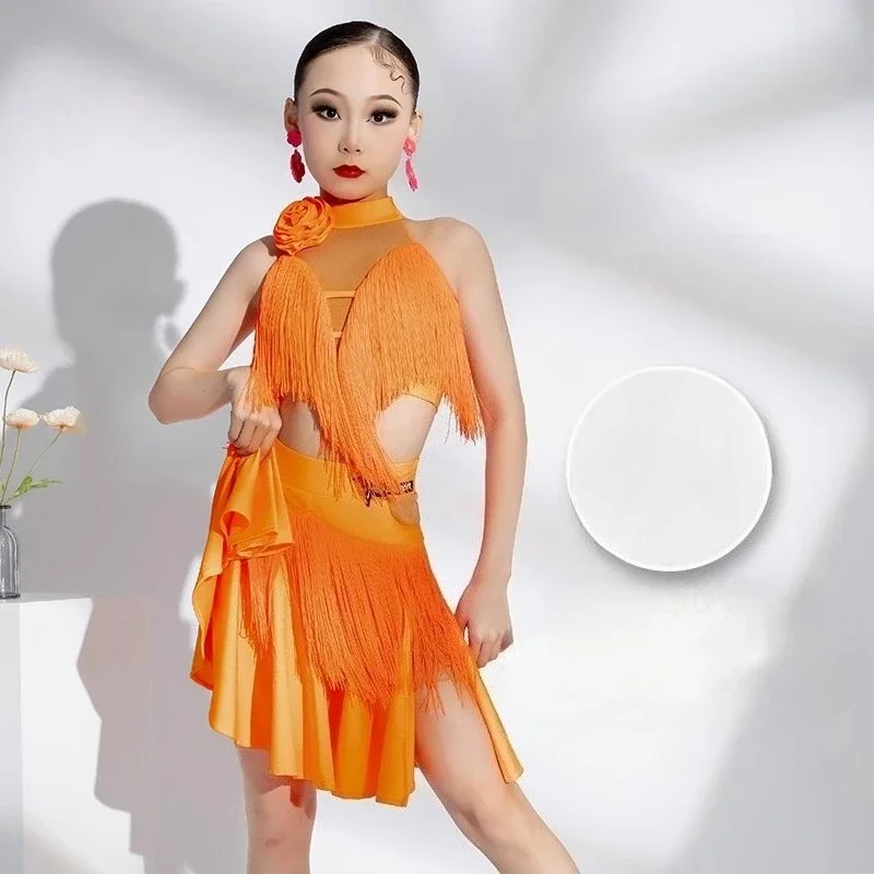 

Advanced New Style Latin Dance Dress Girl Professional Training Dress Gauze Solid Color Ballroom Dance Irregular Fringe Costume